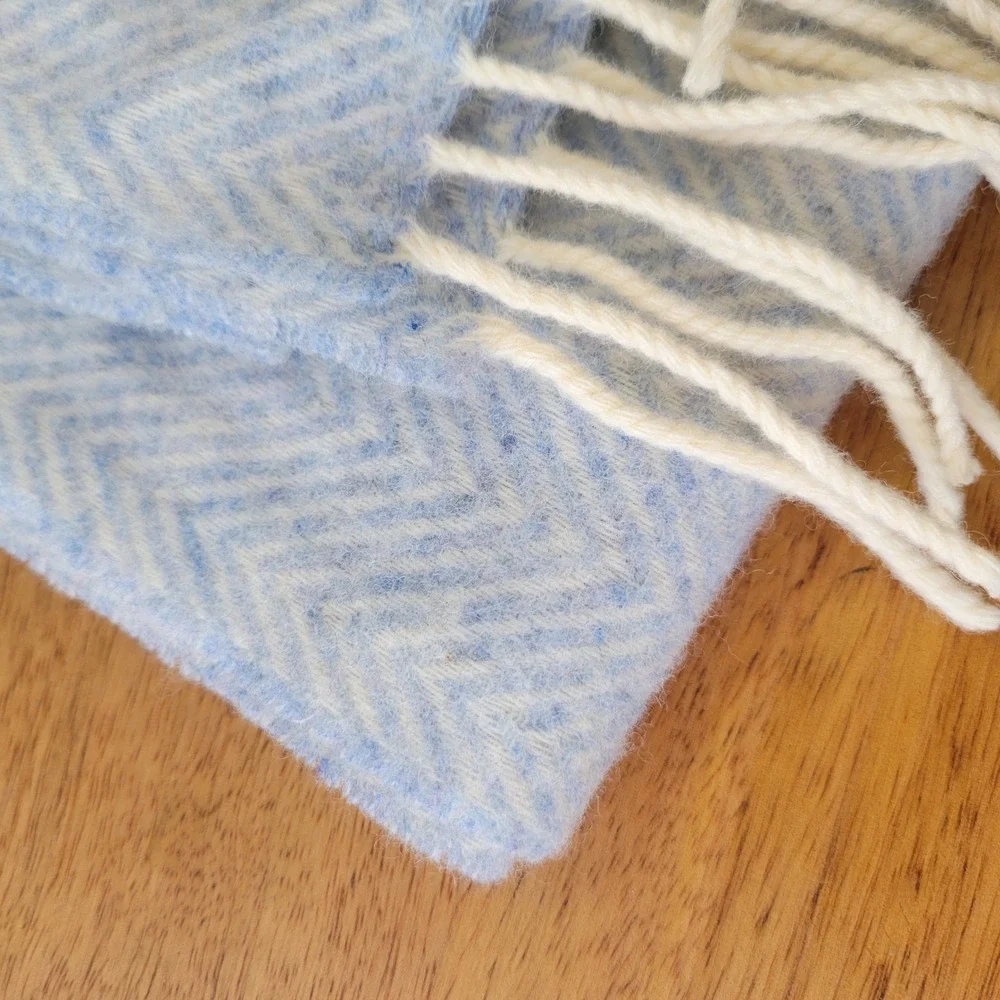 Lauren Ralph Lauren Scarf Womens OS Blue Herringbone 100% Lambswool Fringe UK